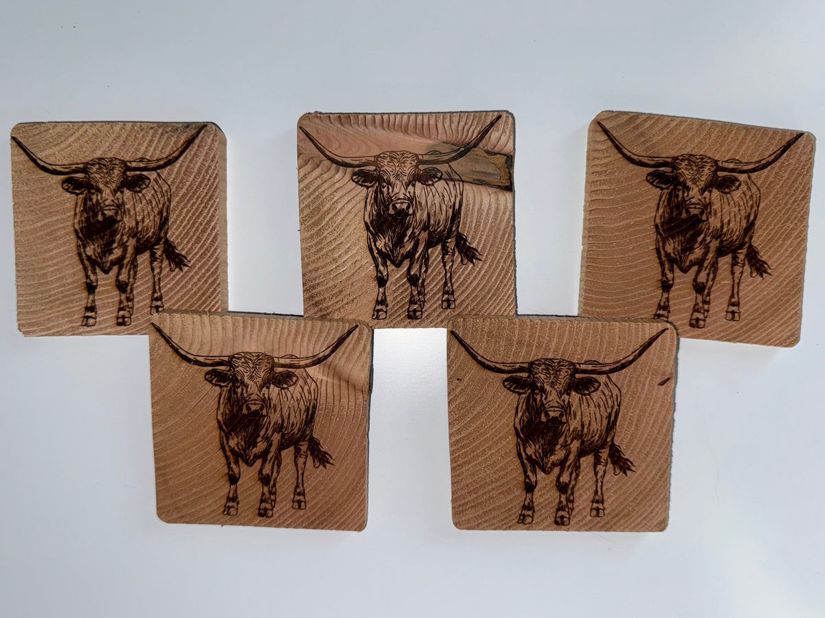 Engraved Longhorn Wood Coaster